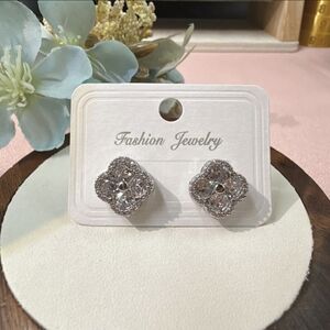 CZ Clover Stud Earrings Silver Tone